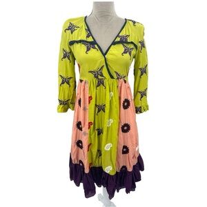 Anthropologie Odd Molly Embroidered Cotton Silk Colorful Artsy Boho Dress - XS